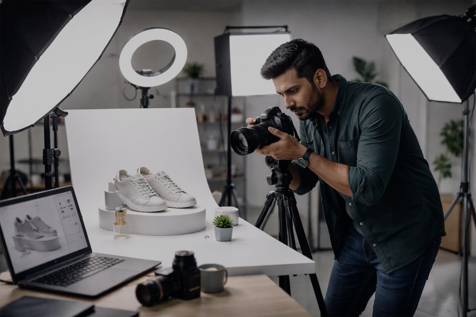 Professional Amazon product photography setup with softboxes and white sweep at Ckstudio Delhi studio