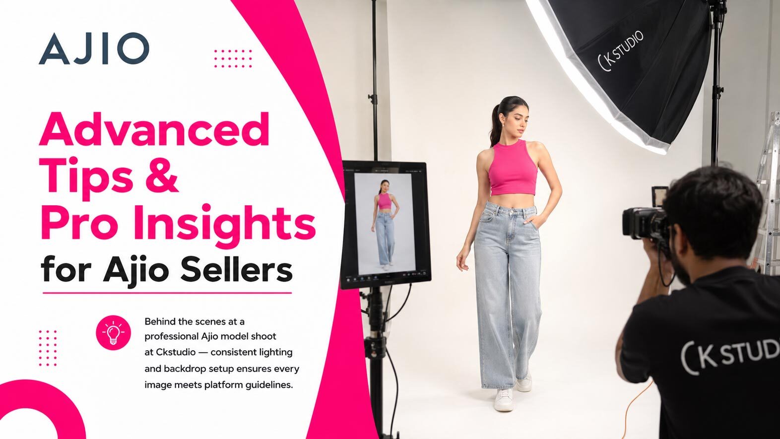 Behind the scenes of a professional fashion model shoot in a Delhi studio with multiple softbox lights, white seamless backdrop, and stylist arranging garments for Ajio e-commerce catalogue