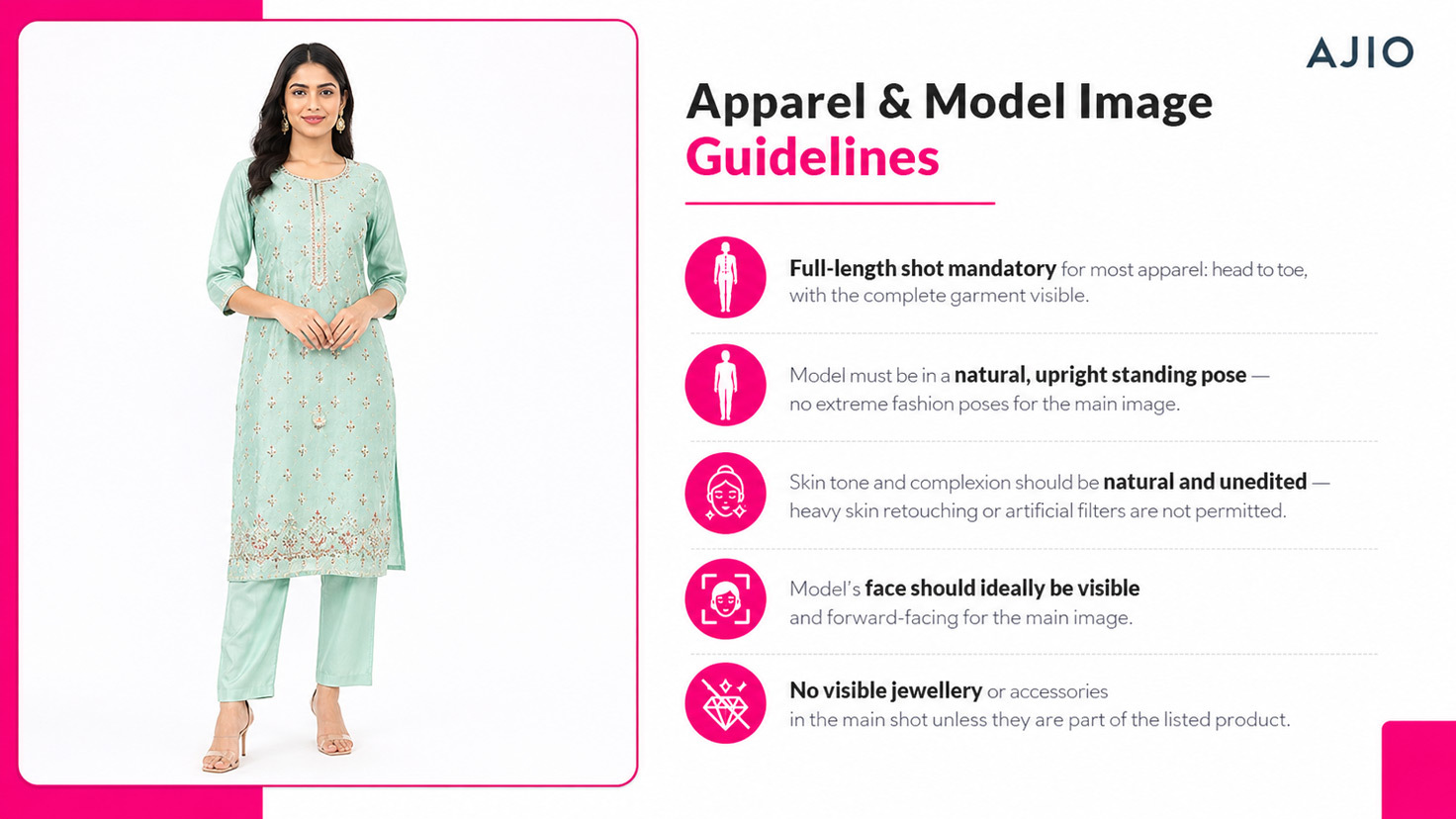 Professional female model wearing ethnic wear on white background for Ajio e-commerce fashion listing, full-length shot with clean studio lighting — fashion photography Delhi