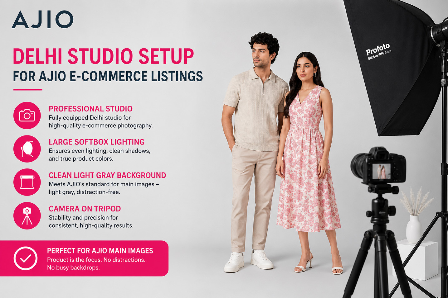 Professional white background product photography setup in a Delhi studio with large softbox lighting, clean seamless paper backdrop, and camera on tripod for Ajio e-commerce listings