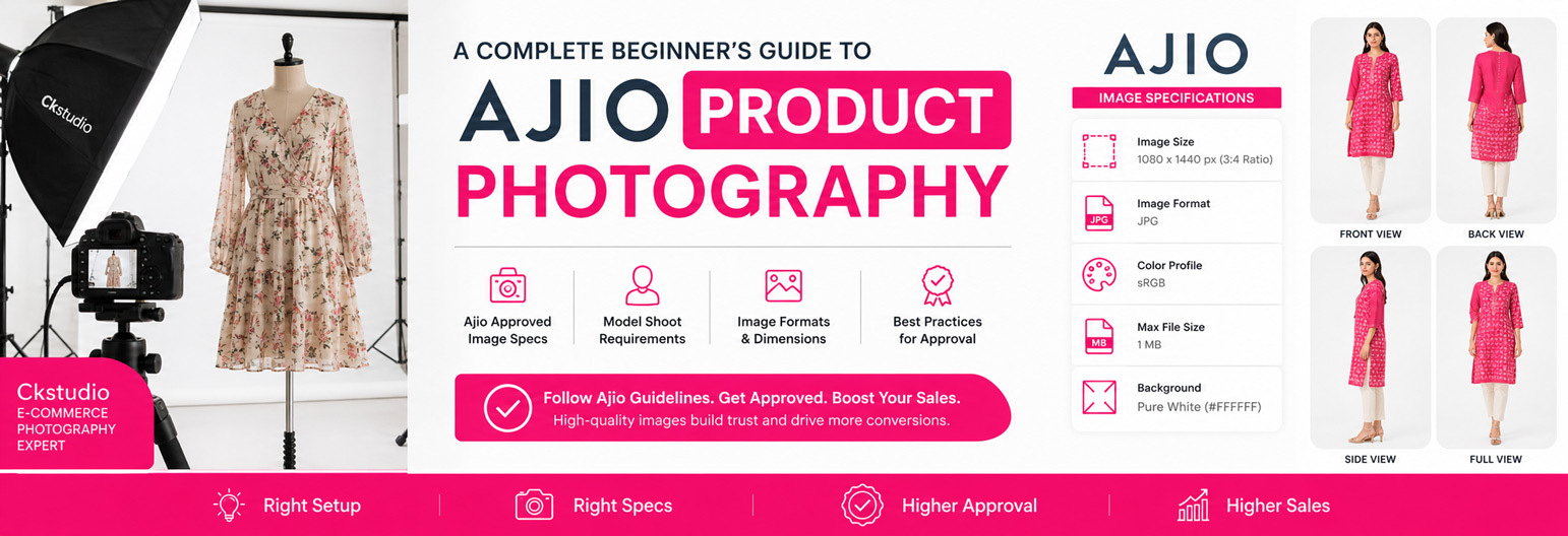 Professional e-commerce product photography setup for Ajio seller listings with white background, soft studio lighting, and fashion apparel on mannequin — Ckstudio Delhi