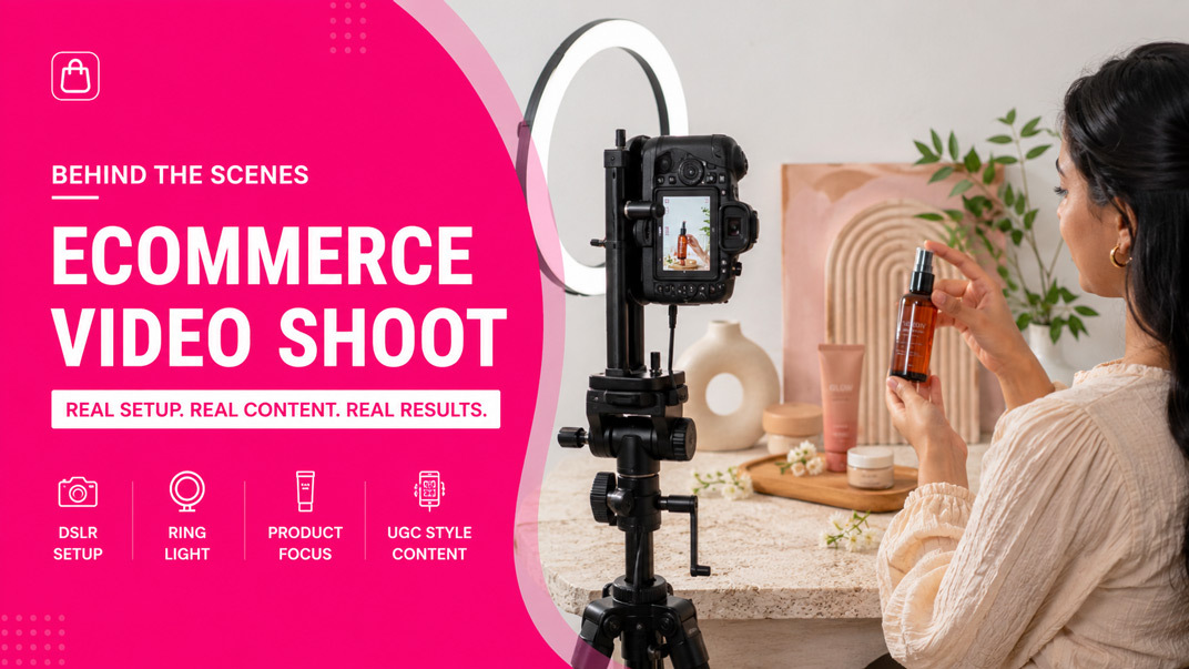 Behind-the-scenes ecommerce video shoot setup with vertical dslr camera mount on tripod, ring light, beauty product on textured tabletop, professional but UGC-style aesthetic for Indian D2C brand content production