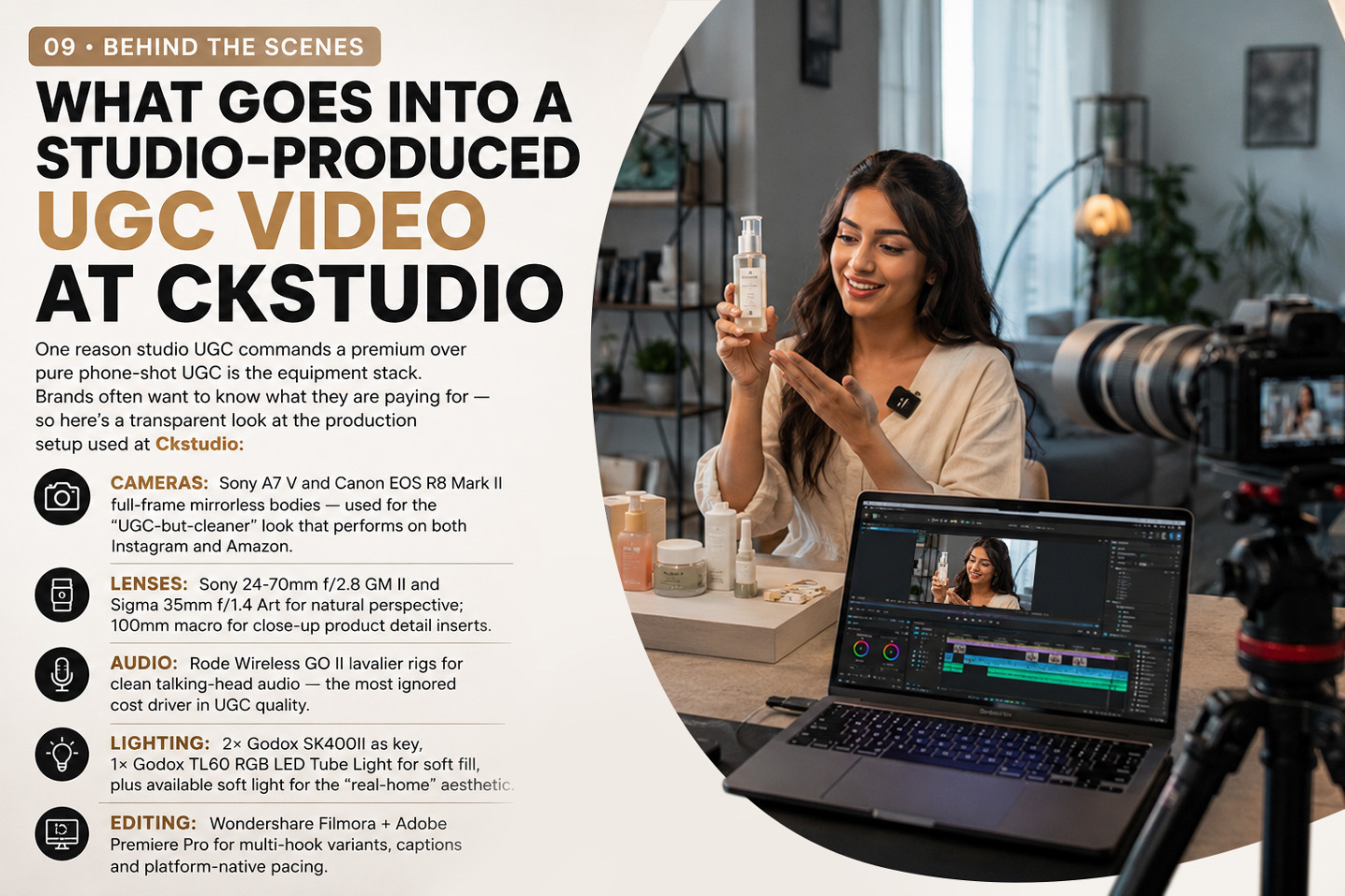 Professional Indian UGC creator filming a skincare product review in Ckstudio ecommerce production studio with Sony cameras, softbox lighting and video editing setup.