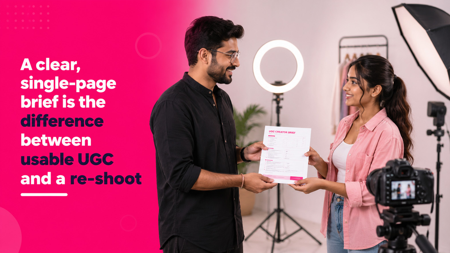 Indian D2C brand manager handing a printed UGC creator brief to a young female content creator inside a bright Delhi photo studio, with ring light and smartphone tripod visible — photographed by Ckstudio