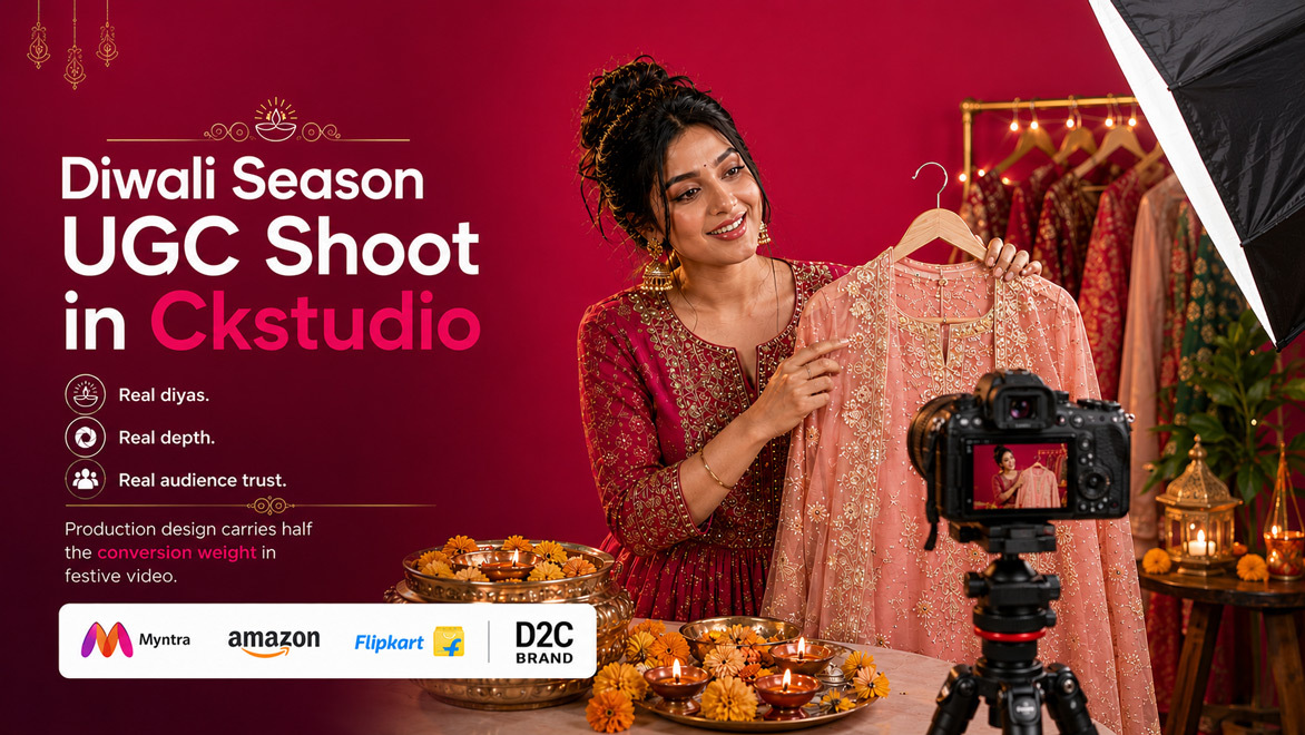 Indian female content creator filming Diwali product reel on smartphone with ring light diya bokeh and premium ethnic kurta for D2C brand UGC campaign Ckstudio production