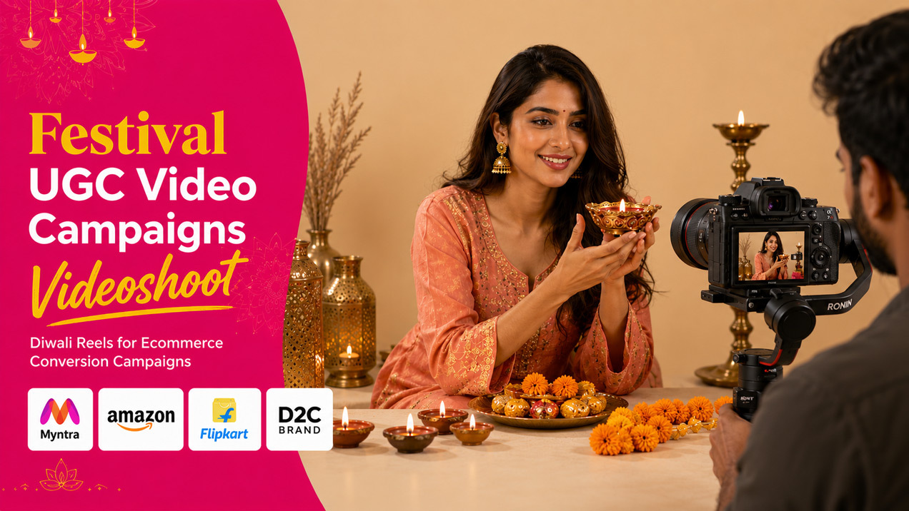 Cinematic festive UGC video shoot for Indian D2C brand with diyas marigolds and ethnic wear creator filming Diwali Reels for ecommerce conversion campaign