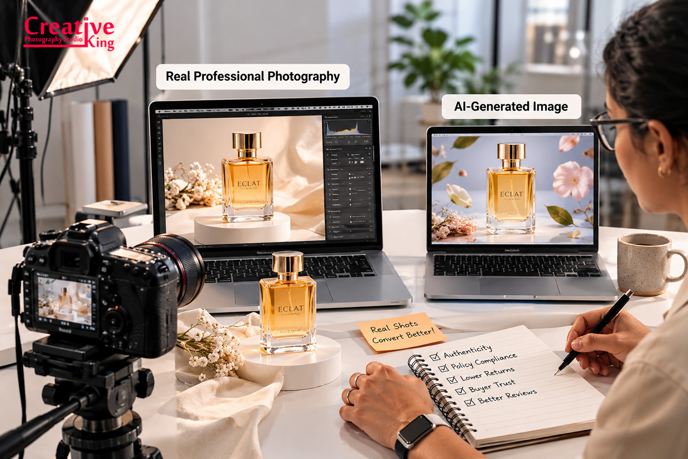 Real professional product photography vs AI-generated images comparison showing authentic studio product shoots and AI visuals for Flipkart sellers in 2026