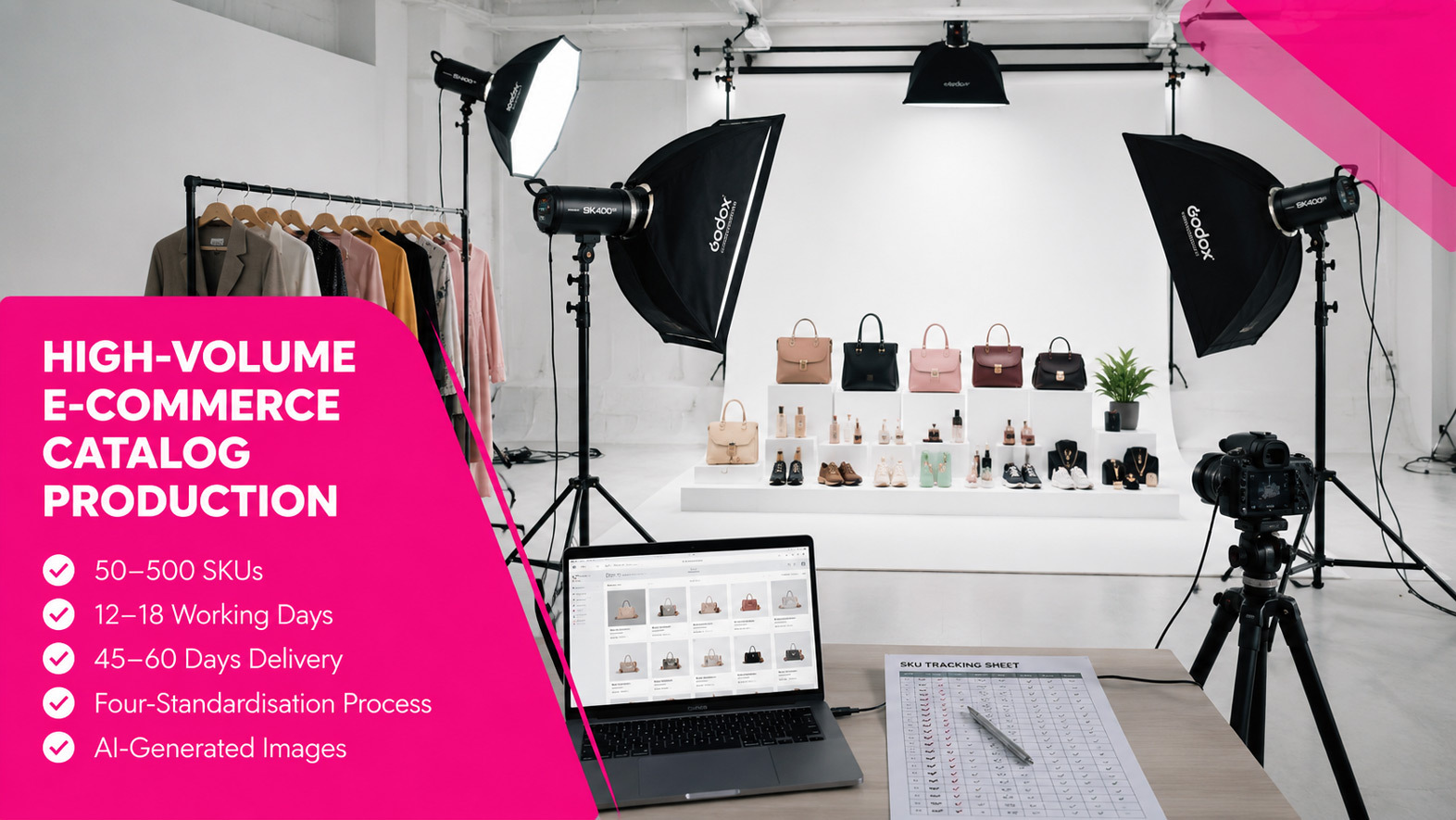 Wide-angle professional photography studio showing organized batch production setup with multiple SKUs lined up on white seamless backdrop, three-point lighting with Godox SK 400II strobes, tethered DSLR camera on tripod, stylist preparing next product, organized SKU tracking sheet visible — high-volume e-commerce catalog production workflow at Ckstudio Delhi