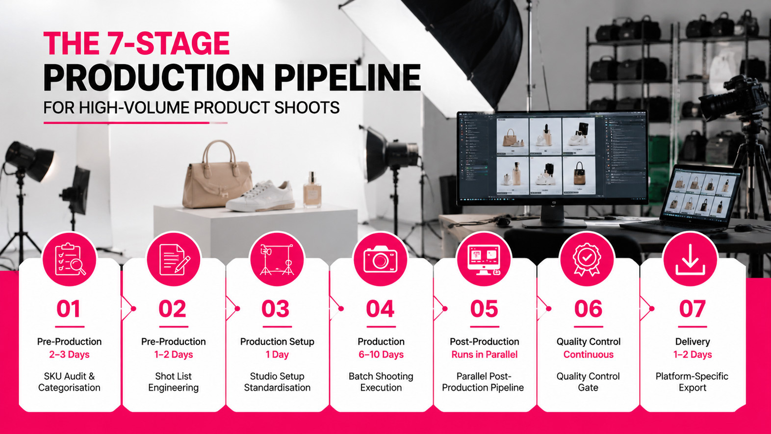 7-stage production pipeline infographic for high-volume ecommerce product photography shoots in a professional studio setup