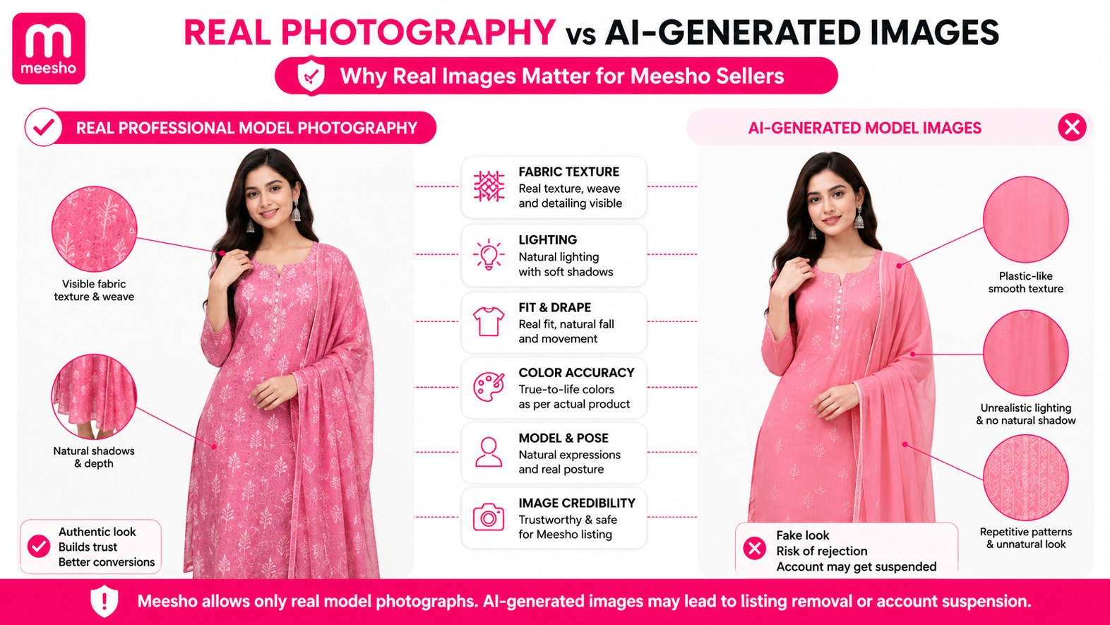 Side-by-side comparison infographic showing real professional model photography versus AI-generated model images for Meesho sellers, highlighting differences in fabric texture, lighting, shadows, fit, and image authenticity.