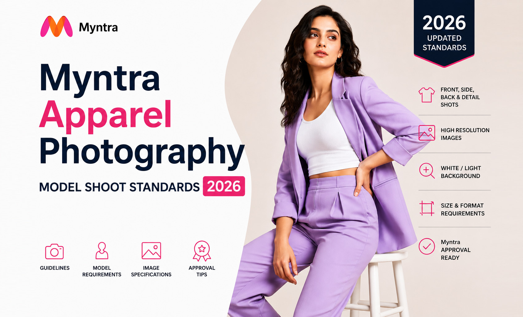 Professional Myntra apparel photography model shoot standards 2026 featured image with female fashion model and ecommerce apparel photography guidelines