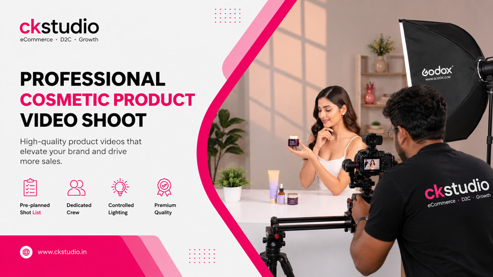 Professional cosmetic product video shoot with Indian model, Sony A7R5 camera setup, slider tripod, and Godox softbox lighting for Indian D2C ecommerce brand content production.