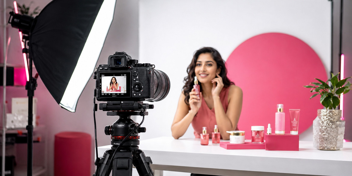 Professional Indian D2C cosmetic product video production studio with Sony A7R V camera, Indian female model, softbox lighting, and beauty products for ecommerce UGC content creation.