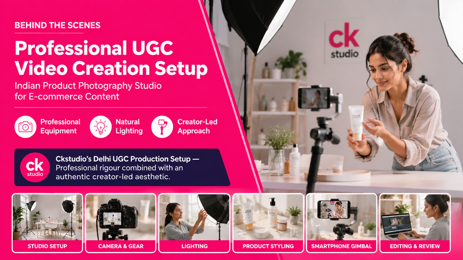 Behind the scenes of professional UGC video creation setup in Indian product photography studio with lighting equipment and smartphone gimbal for e-commerce content production