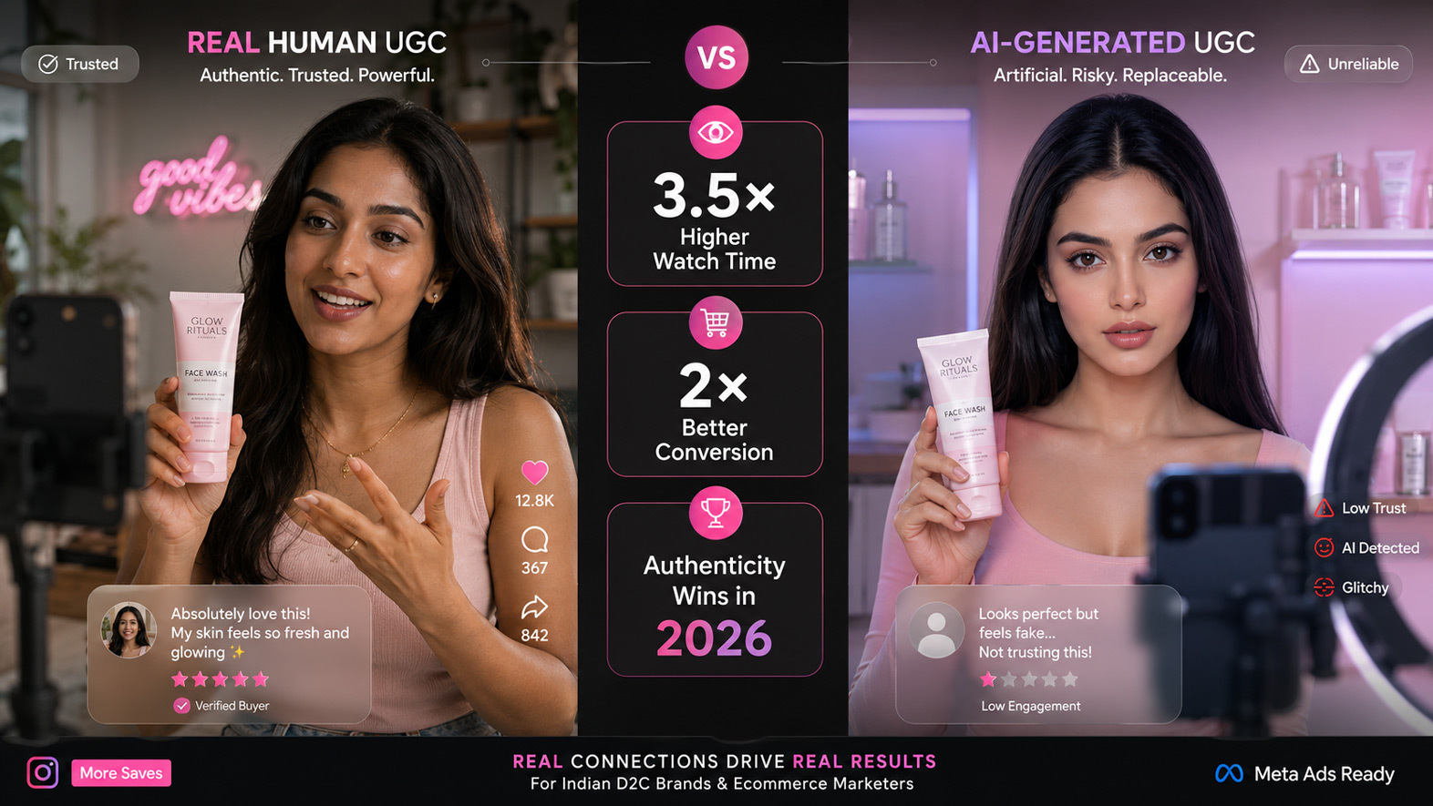 Split-screen comparison of real human UGC creator vs AI-generated influencer for Indian ecommerce skincare marketing campaign with authenticity and conversion infographic overlay.