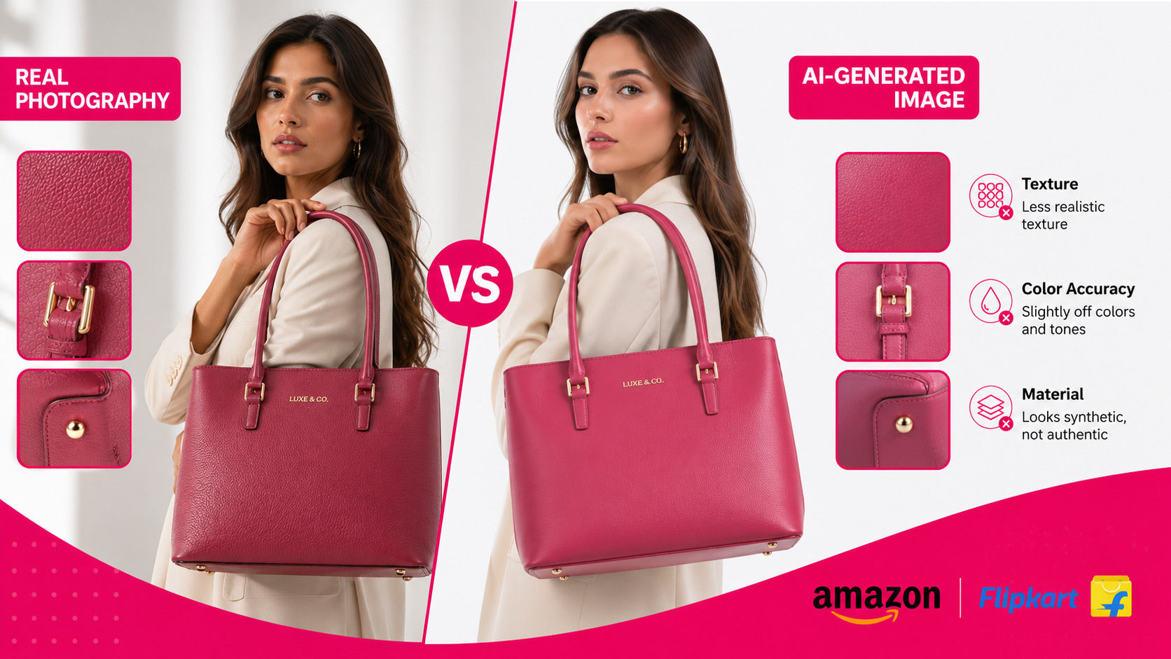 Side-by-side comparison of real professional product photography on white background versus AI-generated product image showing texture differences, color accuracy and material representation for Indian e-commerce listings