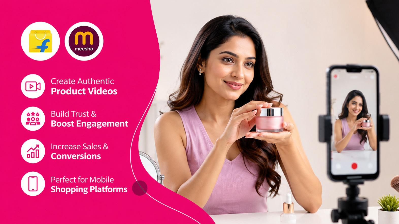 Vertical 9 by 16 mobile-first product video being filmed on smartphone tripod with ring light for Meesho and Flipkart ecommerce sellers UGC style content creation