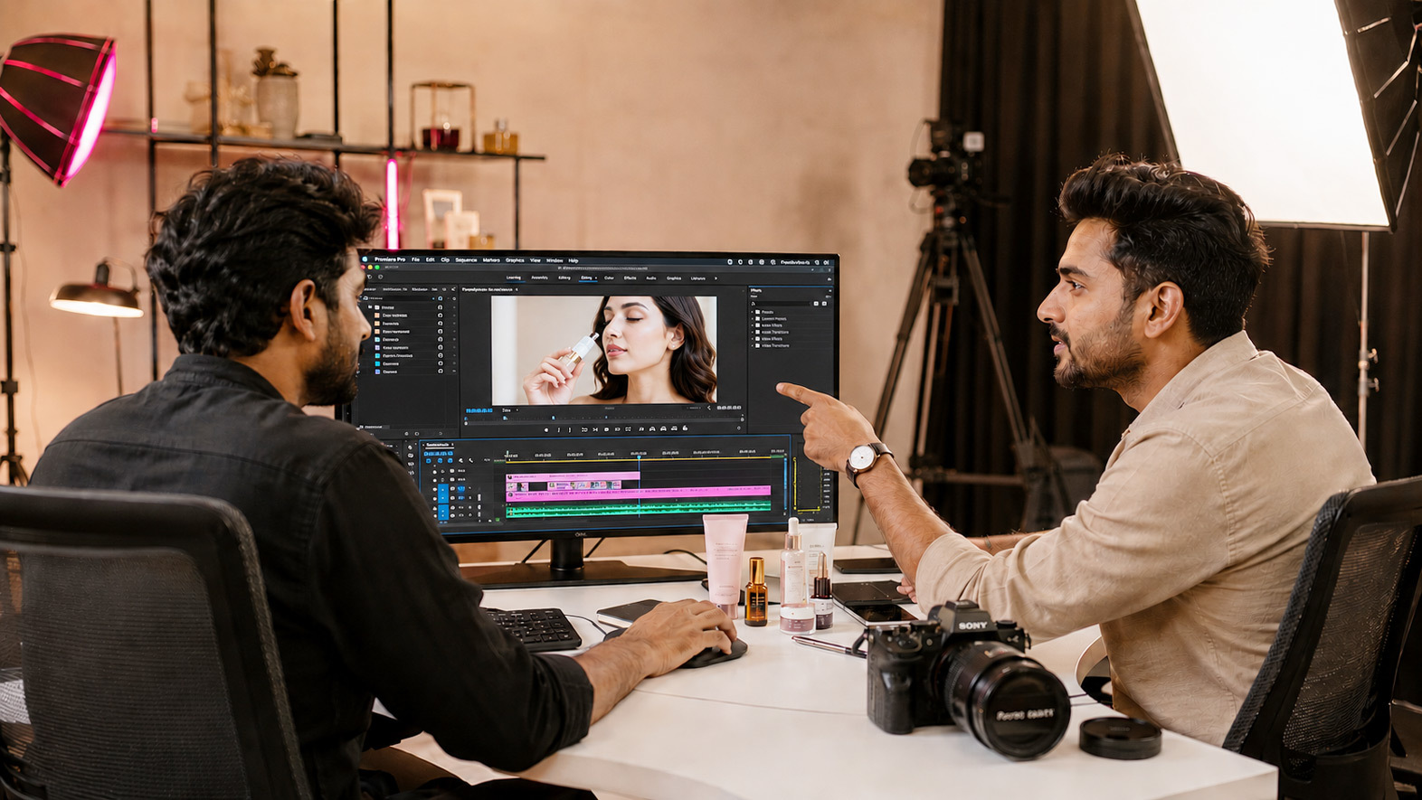 D2C brand founder reviewing UGC product video footage on monitor with editor during professional e-commerce video production session in Delhi studio