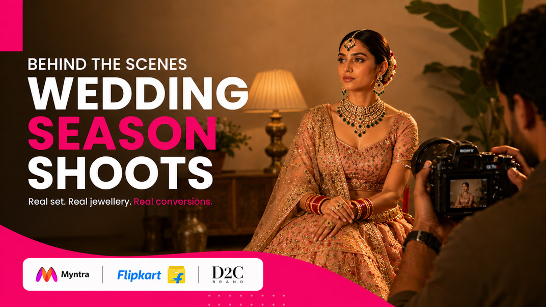 Behind the scenes wedding season ecommerce video shoot with bridal model in lehenga and bridal jewellery cinematic warm lighting Ckstudio Delhi production