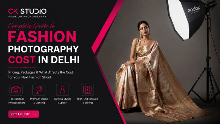 Editorial fashion photography studio setup with an Indian model in silk ethnic wear under Godox softbox lighting, featured banner for Fashion Photography Cost in Delhi by CK Studio.