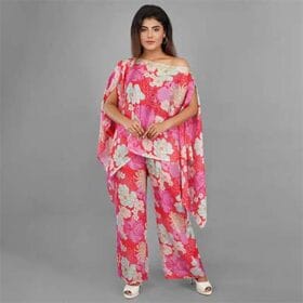 Ckstudio shot of model wearing floral pink apparel on gray background — Commercial Product Photography