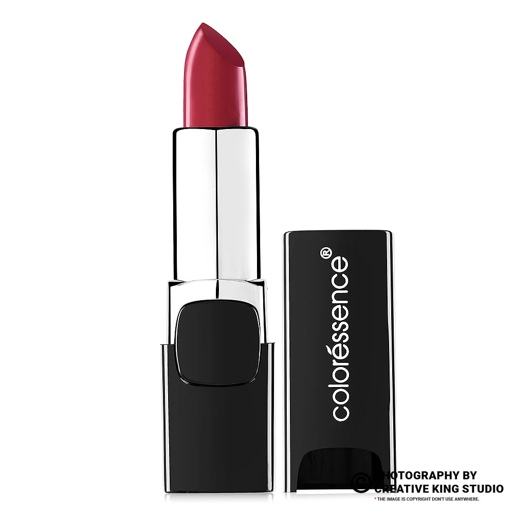 Red lipstick cosmetic product photography on white background