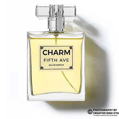Ckstudio shot of Charm Fifth Ave perfume bottle on white background — Beauty&Cosmetic Product photography