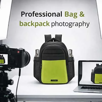 Ckstudio shot of black and green backpack on white background — Backpack Photography