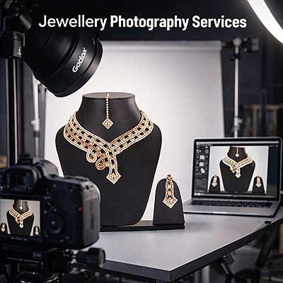 Ckstudio shot of gold and diamond necklace set on black display stands with photography equipment in background — Jewellery Photography