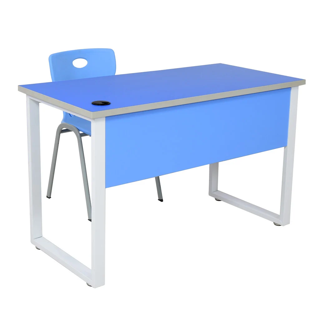Study desk with a blue laminate top, white steel frame and matching blue chair shot in a three-quarter hero angle on a clean white background for a marketplace listing