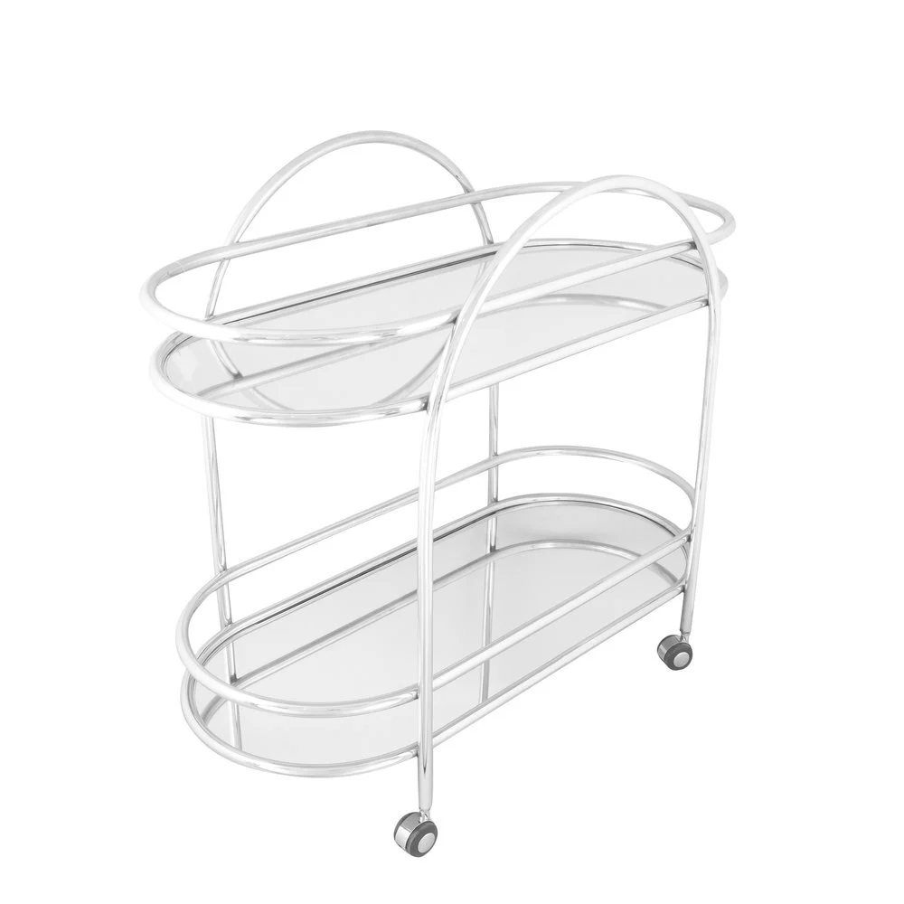 Chrome and glass serving trolley with oval shelves and caster wheels photographed on white with controlled reflections so the glass edges and polished metal stay clean and readable