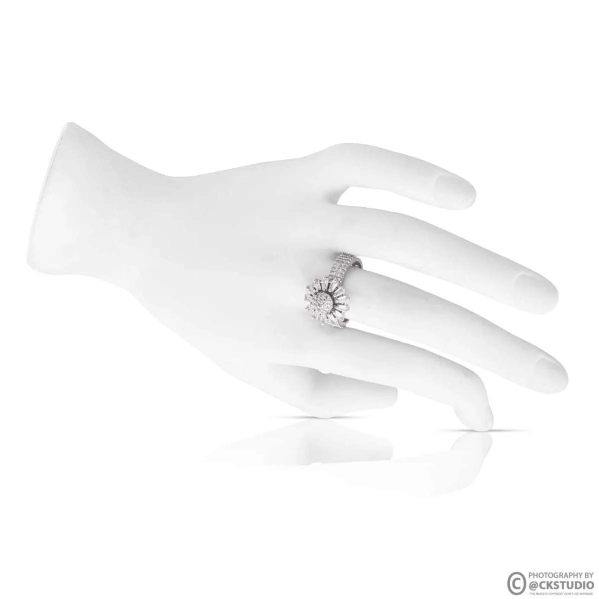 Diamond cocktail ring worn on a white mannequin hand with a soft mirror reflection below, used as a scale reference image for a ring listing