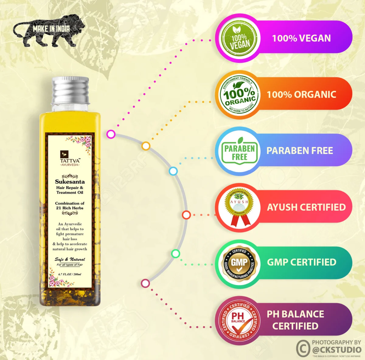 Hair oil bottle shown with a column of round claim badges in a secondary infographic image, a layout where every certification badge must match the pack