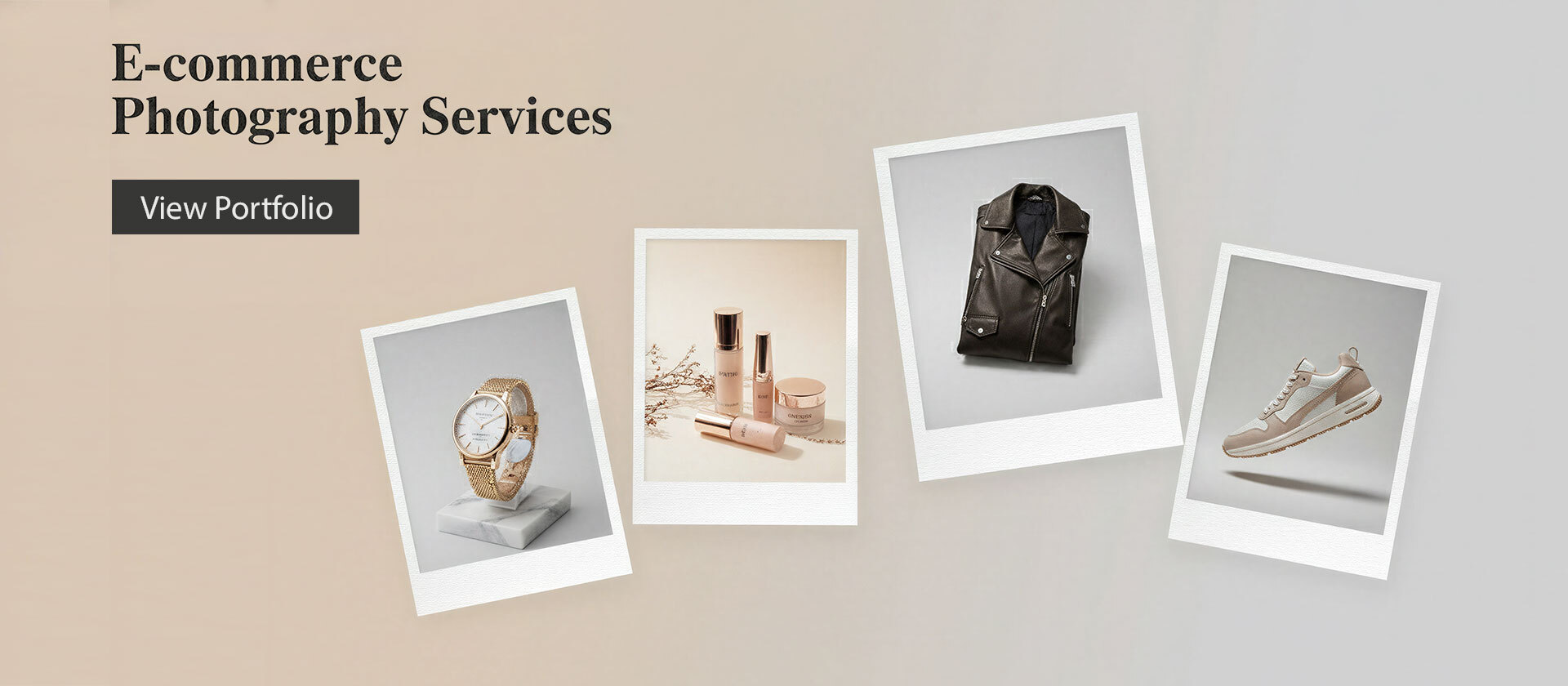 Ckstudio shot of watch, cosmetics, leather jacket, and sneaker on neutral background — E-Commerce Photography