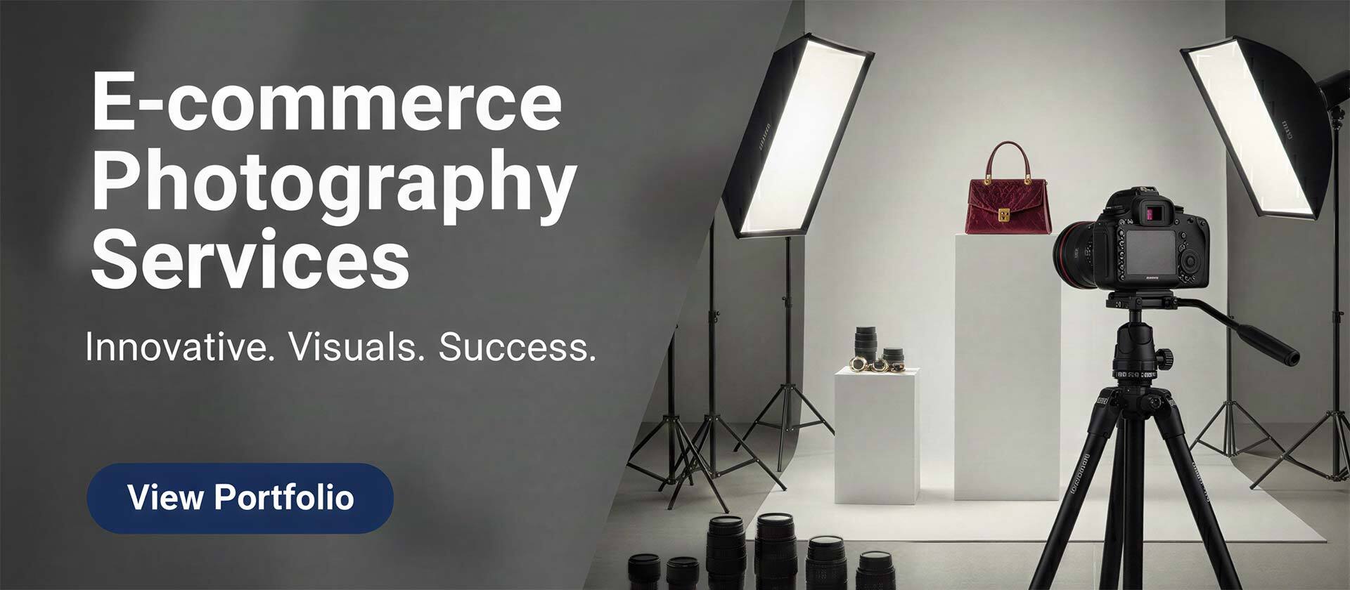 Ckstudio shot of luxury handbag and camera lenses on white pedestals with studio lighting — Commercial Product Photography