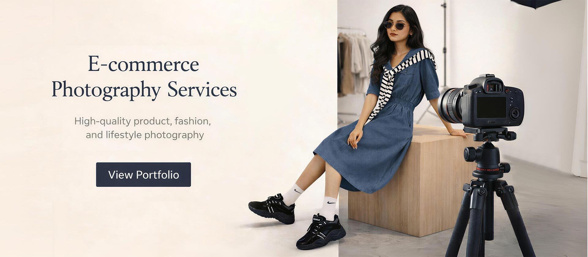 Ckstudio shot of model wearing denim dress and sunglasses on neutral background — E-Commerce Photography