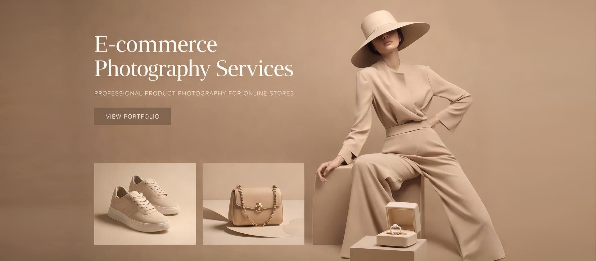 Ckstudio shot of beige sneakers, handbag, and ring on neutral beige background — E-Commerce Photography