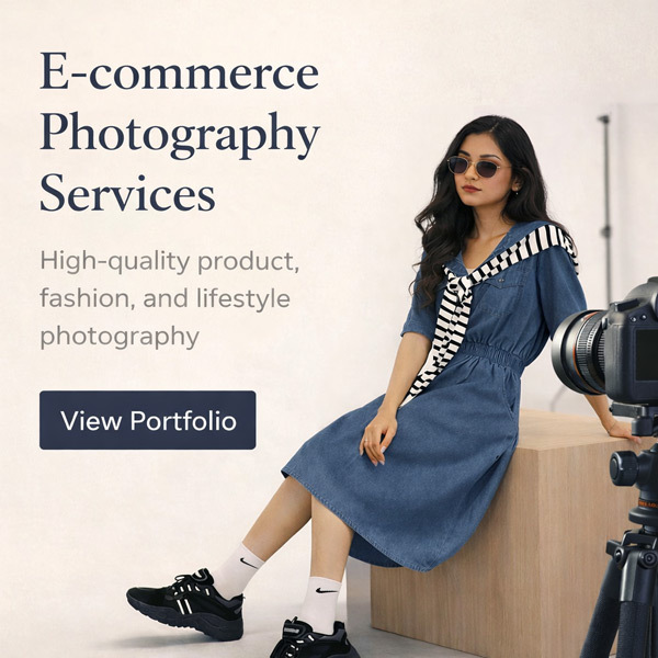 Ckstudio shot of model wearing denim dress and sunglasses on neutral background — E-Commerce Photography