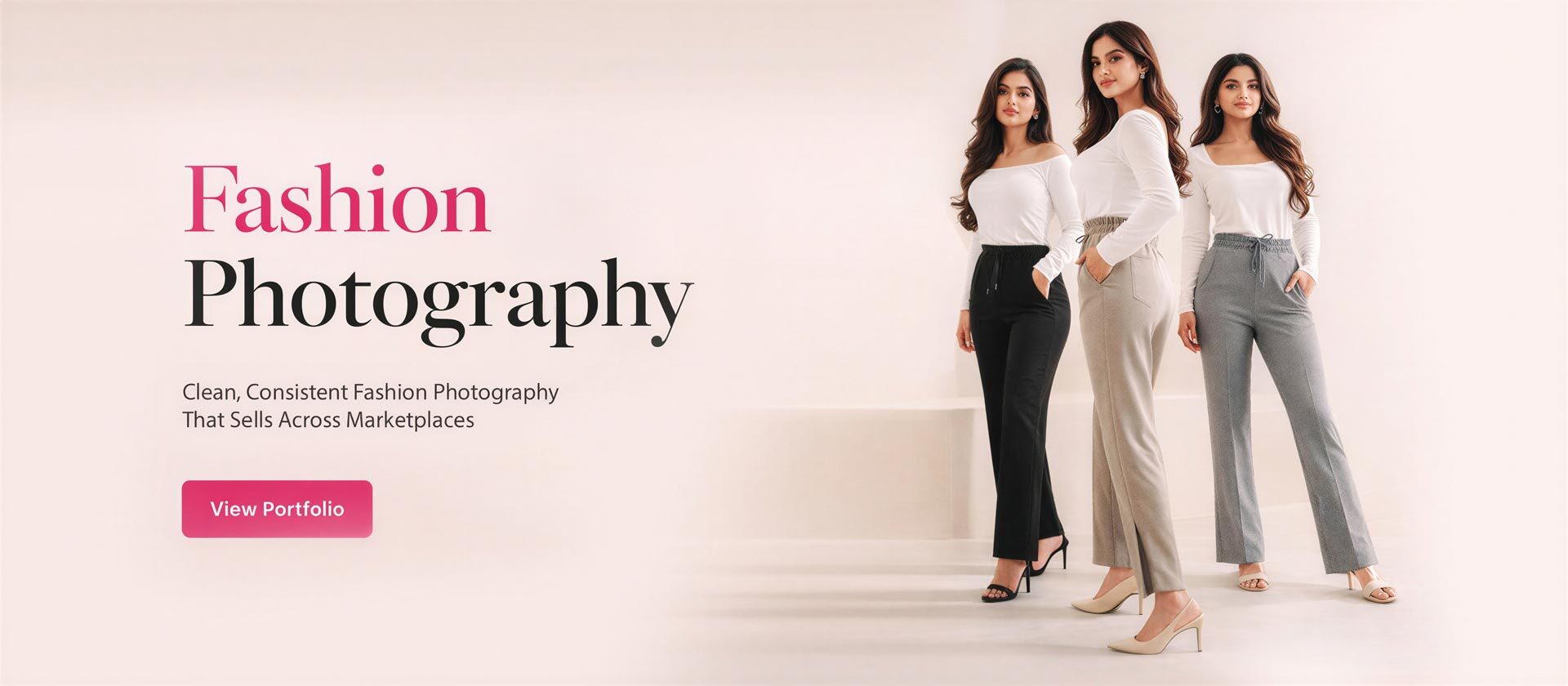 Ckstudio shot of three women in white tops and trousers on a soft pink background — Commercial Product Photography