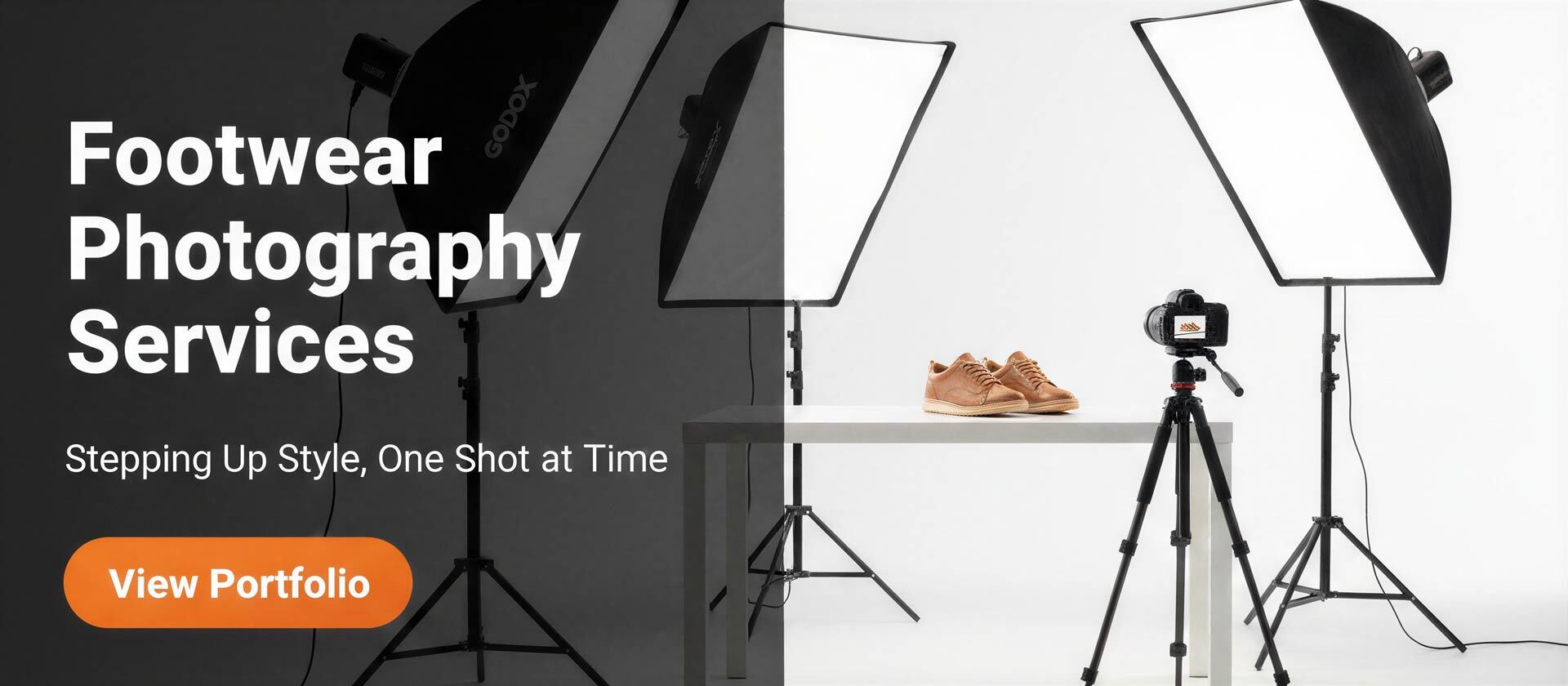 Ckstudio shot of tan sneakers on white table with studio lighting and camera setup — Footwear Photography