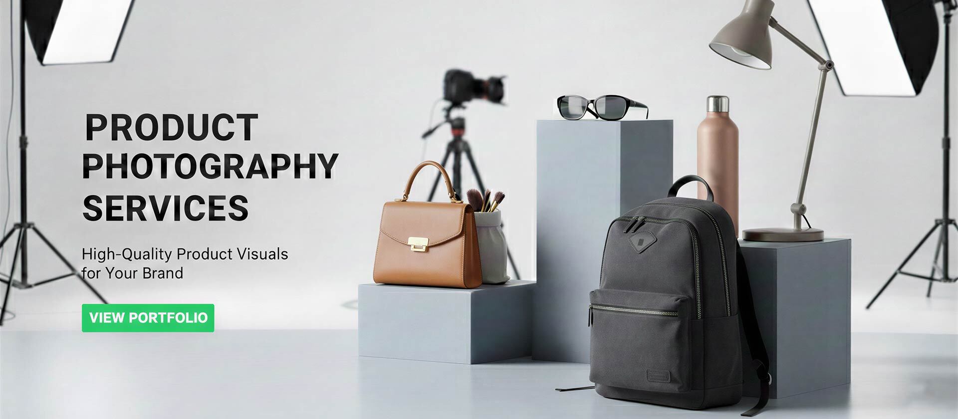 Ckstudio shot of handbag, backpack, sunglasses, and water bottle on gray pedestals with studio lights on white background — Commercial Product Photography