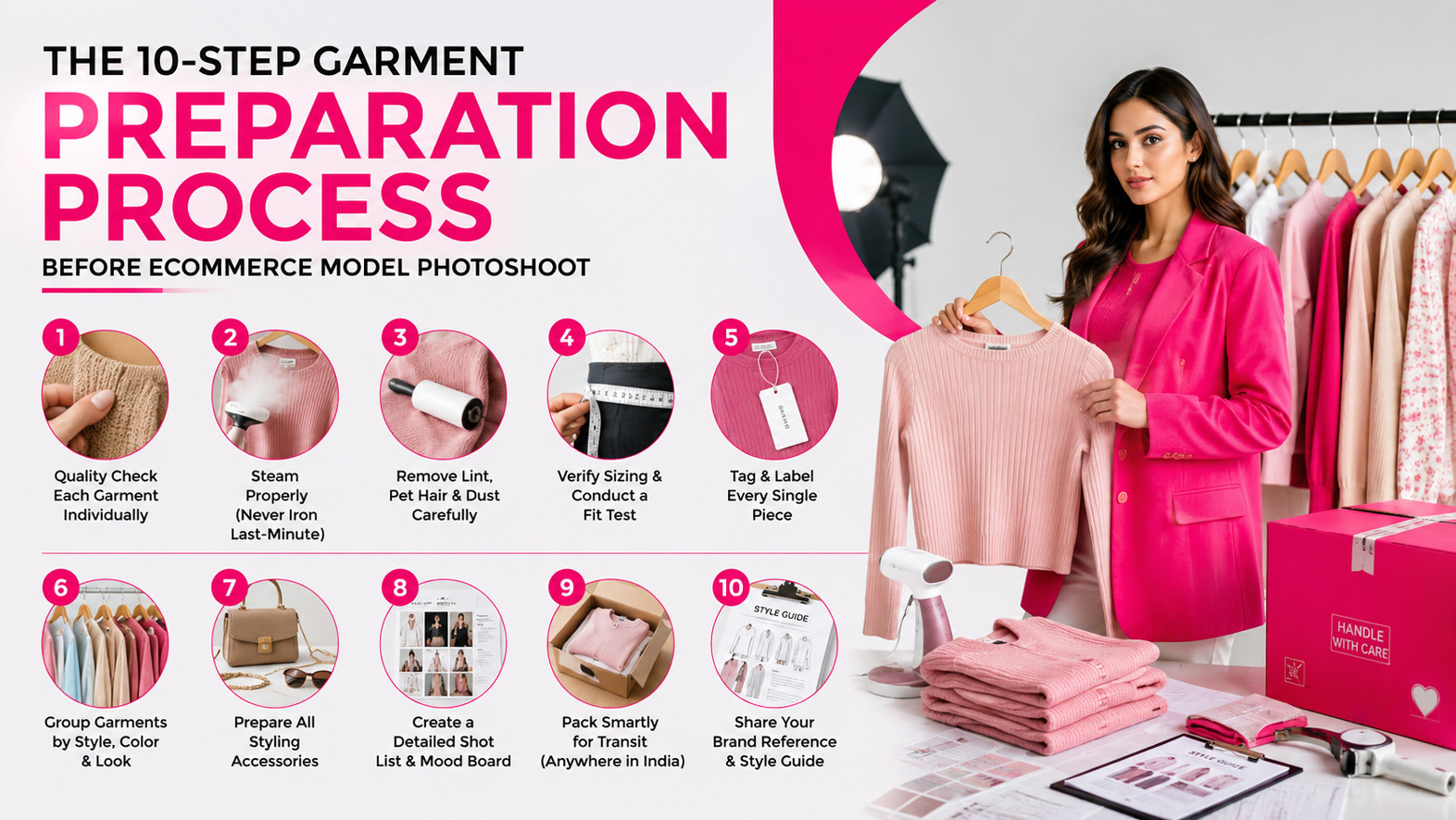 10-step garment preparation process before ecommerce model photoshoot with professional fashion model and studio garment setup at Ckstudio Delhi