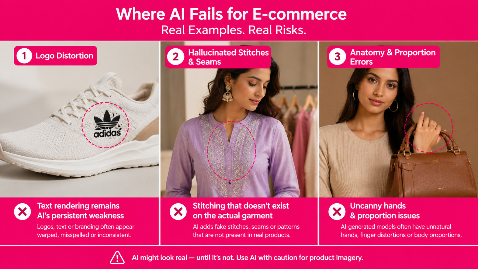 Three side-by-side examples of common AI image failures including warped brand logo on shoe AI hallucinated stitching pattern on kurta and synthetic model with anatomically incorrect hand holding handbag, photorealistic editorial illustration