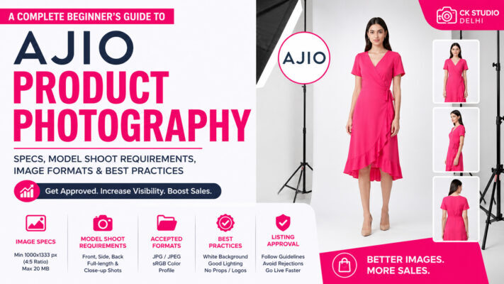 Ajio product photography guide infographic with professional ecommerce studio setup, mannequin apparel shoot, model photography examples, image specifications, and Ajio seller listing requirements by Ckstudio