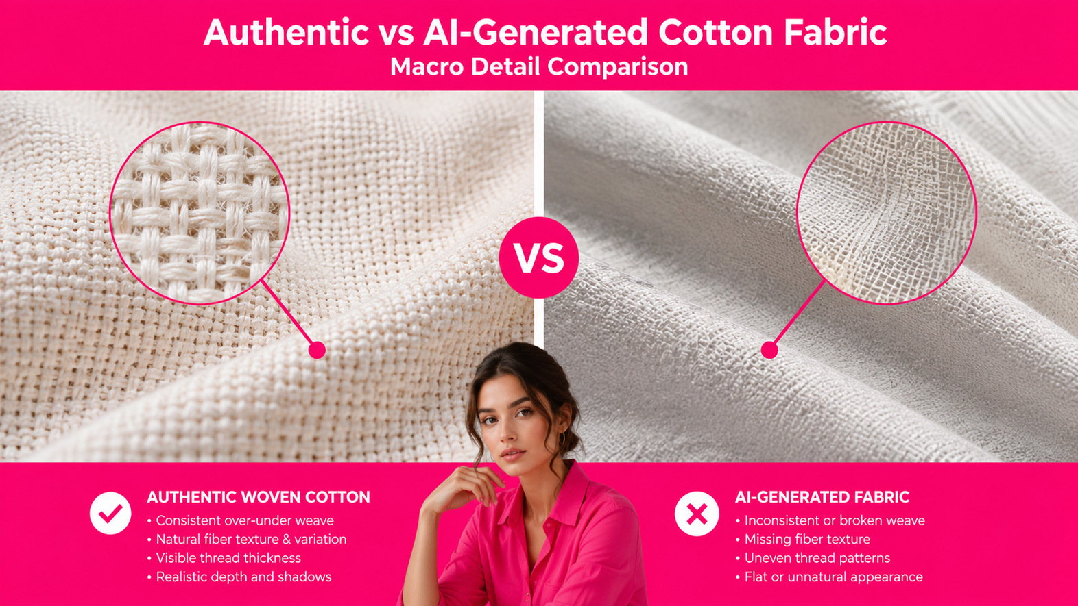 Macro detail comparison of authentic woven cotton fabric texture photographed in studio versus AI-generated fabric showing inconsistent thread patterns and missing weave structure, high resolution split frame