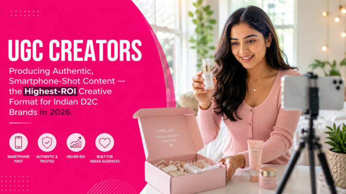 Young Indian female creator filming UGC beauty product video in professional Delhi studio with smartphone gimbal and lighting setup