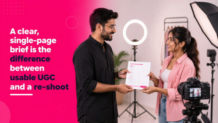 Indian D2C brand manager handing a UGC creator brief to a young female content creator inside a professional photo studio with ring light and DSLR setup