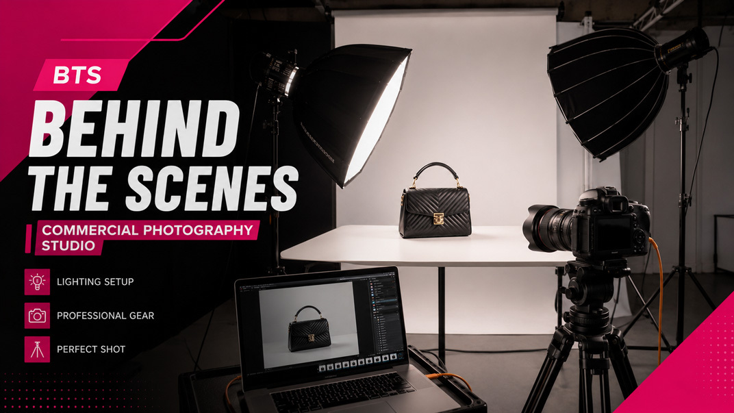 Behind the scenes BTS product photography studio shoot lighting setup professional camera tripod product on table commercial photography Delhi India 2026