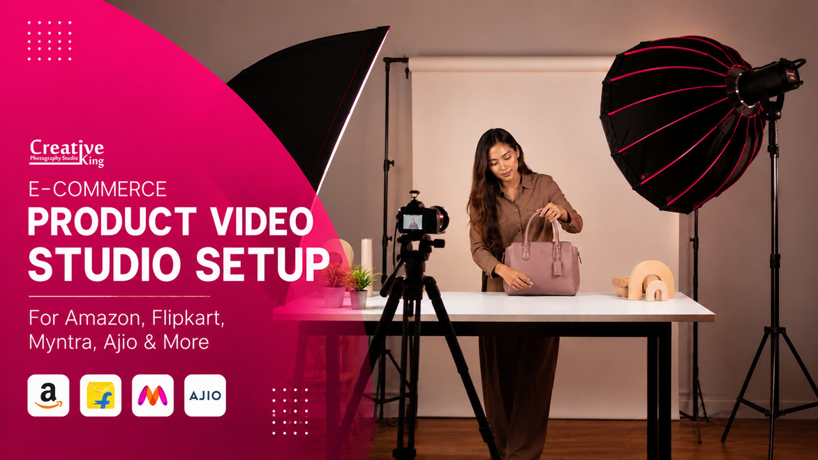 E-commerce product video studio setup with professional softbox lighting backdrop and camera tripod for Amazon Flipkart Myntra Ajio product shoot, wide-angle composition with cinematic mood