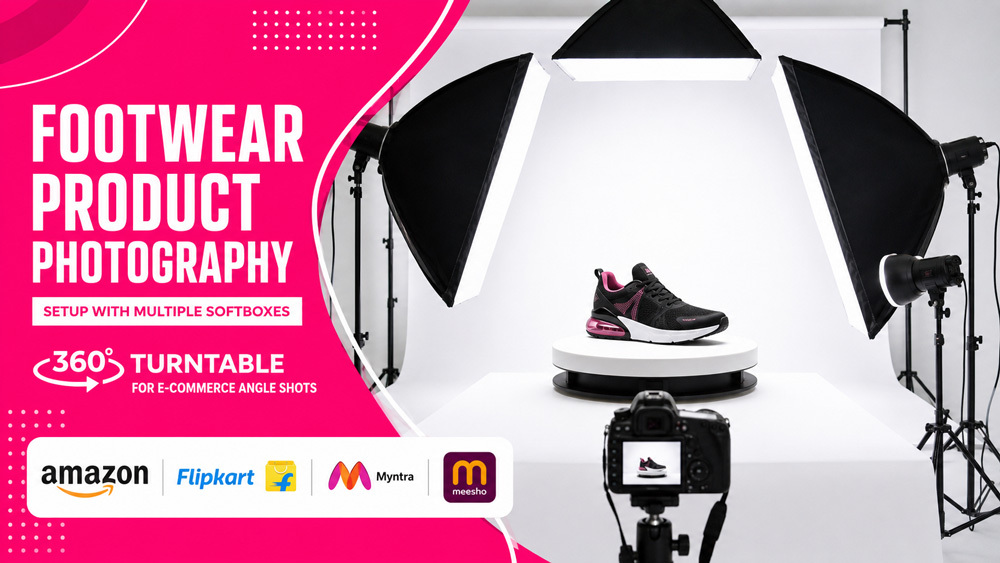 Footwear product photography setup in Surat with multiple softboxes and 360 degree turntable for e-commerce angle shots on pure white background